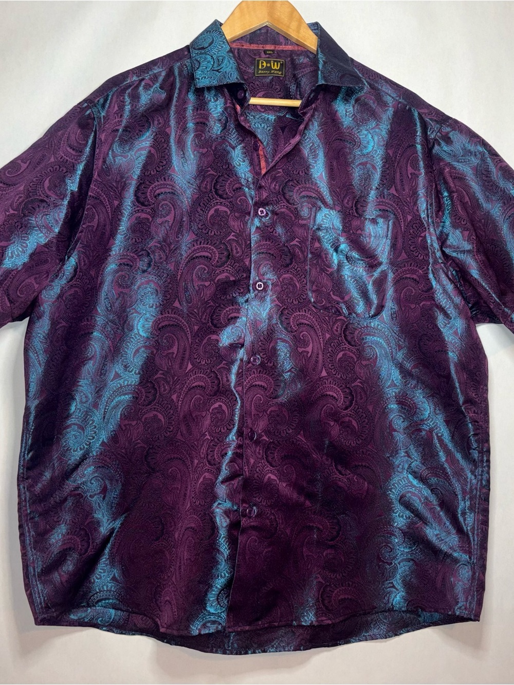 Barry Wang Shirt Mens 2XL Blue Purple Paisley Silk Blend Short Sleeve Button Up